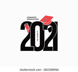 Class and graduates of 2021 with a graduation red cap. Logo for design and theme design. Lettering Class of 2021 for greeting, invitation card. Vector illustration. Isolated on white background.