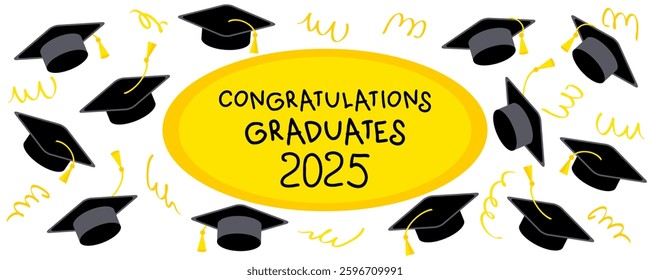 Class of graduation 2025 banner with confetti, ribbon, serpentine and caps. Perfect design for college, high school, university. Hand drawn vector illustration.