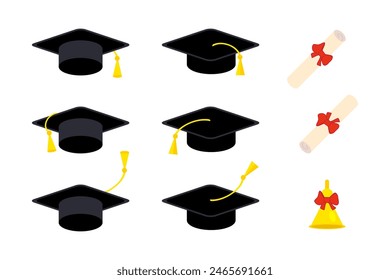 Class of graduation elements collection. Congratulations graduates celebration set for college, high school, university. Tassel and cap hand drawn vector illustration.

