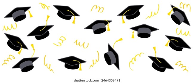 Class of graduation horizontal banner template. Congratulations graduates celebration design for college, high school, university. Hand drawn vector illustration.

