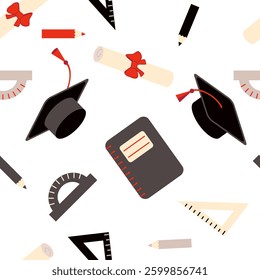 Class of graduation seamless pattern with caps and diploma rolled scroll. Perfect design for college, high school, university. Hand drawn vector illustration.