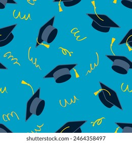 Clase de patrón sin costuras de graduación con borla y tapa. Enhorabuena graduados celebración diseño para la universidad, la escuela secundaria, la universidad. Ilustración vectorial dibujada a mano


