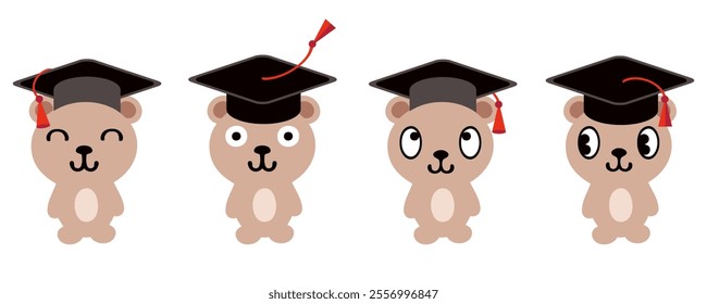 Class of graduation teddy bears with tassel and cap collection. Congratulations graduates celebration set for college, high school, university. Hand drawn isolated vector illustration. 