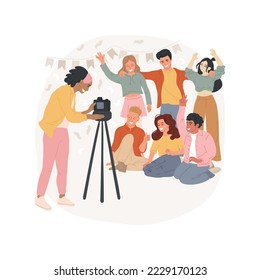 Class group photo isolated cartoon vector illustration. Photographer taking picture of a class, annual group photo, classmates smiling, children having fun, creative shot vector cartoon.