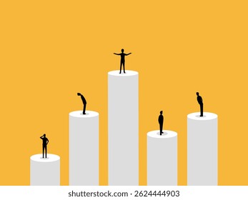 Class, groups of business people with different levels on a bar chart