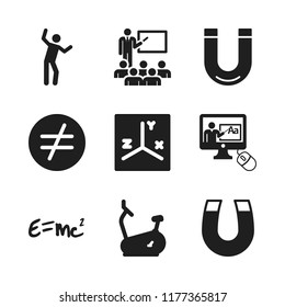 class icon. 9 class vector icons set. equation, classroom and stationary bike icons for web and design about class theme