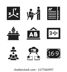 class icon. 9 class vector icons set. chalkboard, university class and equation icons for web and design about class theme