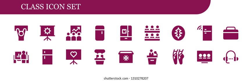 class icon set. 18 filled class icons.  Collection Of - Demonstration, Presentation, Training, Fridge, Classroom, Sourdough, Ballet, Lesson