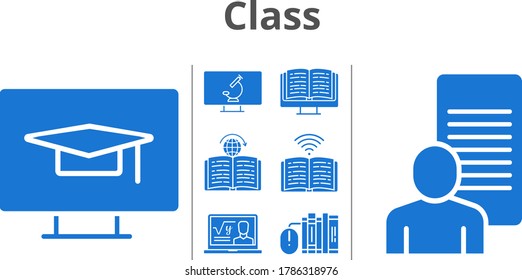 class icon set. included professor, study, ebook, books, book, learning, microscope icons. filled styles.