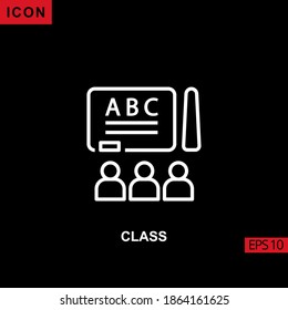 class icon with student and chalkboard outline, line, lineal or linear on black background. Illustration for graphic, print media interfaces and web design.