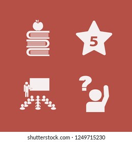 class icon. class vector icons set teacher in classroom, ask pupil, books and apple and hotel five stars