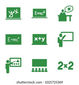 Class icons. set of 9 editable filled class icons such as blackboard x+y, board with formulas, teacher, classroom