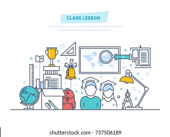 Class lesson concept. System education and training. Learning, school and university lesson, knowledge, science, teaching, skills. Illustration thin line design of vector doodles