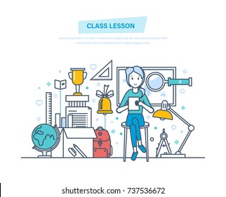 Class lesson conept. System education and training. Learning, school and university lesson, knowledge, science, teaching, skills. Illustration thin line design of vector doodles
