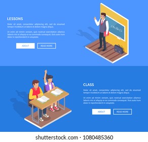 Class lessons with students boy and girl sitting at desk with open textbooks and teacher standing near blackboard at grammar lesson vector web posters