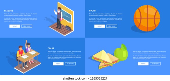 Class lessons with students boy and girl sitting at desk and teacher near blackboard at vector web posters and school lunch and sport banners