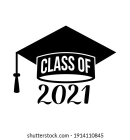 Class of lettering on graduation cap. Congratulations to graduates typography poster.  Vector template for greeting card, banner, label, sticker, invitation, etc. 