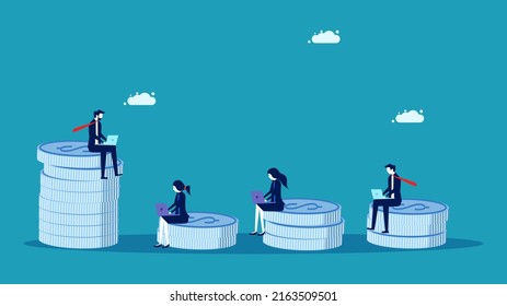 Class level or job position. Businessman sitting on a pile of coins. Business Concept Vector
