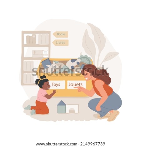 Class name plates isolated cartoon vector illustration. Signs areas of class in two languages, put dual name plates on boxes, bilingual classroom, immersion preschool program vector cartoon.