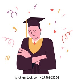 Class of. University or college graduate. Sad guy in graduation gown and cap.
