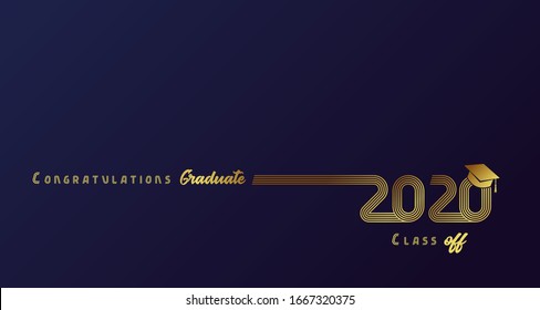 Class off 2020 year congratulation graduate, golden lines design. Vector graduation illustration with gold academic cap isolated on dark blue background