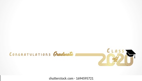 Class off 2020 year congratulation graduate, golden lines design. Gold vector illustration graduation 2020 with black academic cap isolated on light background