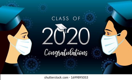 Class off 2020 year congratulation graduate, social distancing design. Vector illustration with students in medical mask and graduation text in academic cap on dark blue background