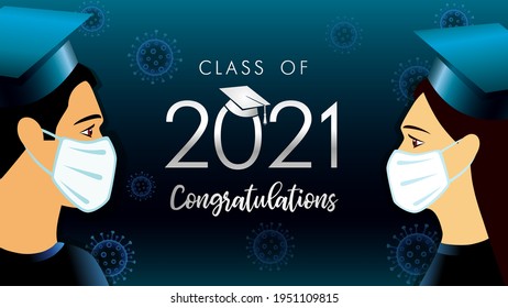 Class off 2021 year congratulation graduate, social distancing design. Vector illustration with students in medical mask and silver graduation text in academic cap on dark blue background