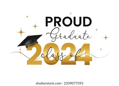 Class off 2024. Cap icon and quote for graduation party, invitation card, banner. University, school, academy vector symbol with black hat.