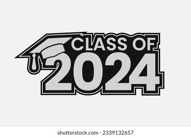 Clase de 2024. Icono de tapón y presupuesto para la fiesta de graduación, tarjeta de invitación, banner. Universidad, escuela, academia símbolo vector con sombrero negro.