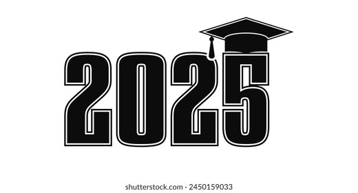 Class off 2025 sticker. Cap icon and quote for graduation party, invitation card, banner. University, school, academy vector symbol with black hat.