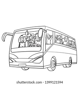 A class on a class trip with teachers and bus drivers who are all happy and laughing. Vector illustration of a travel bus diagonally from the side in black and white. isolated, doodle.