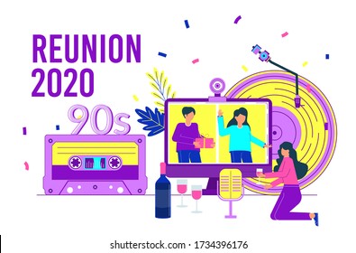 Class Reunion 2020. Online Party For Students Alumni Meeting. Class Diverse Party Gathering. University Graduate Online Quarantine Party. People Celebration Graduation Ceremony. Vector Illustration.