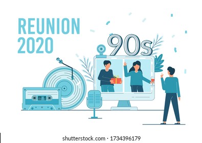 Class Reunion 2020. Online Party For Students Alumni Meeting. Class Diverse Party Gathering. University Graduate Online Quarantine Party. People Celebration Graduation Ceremony. Vector Illustration.