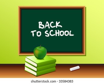 Class room with blackboard, books and apple for the teacher