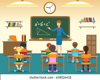 Class Room With Board, Young Female Teacher, Elementary School Little Boys And Girls. Kids Sitting In Classroom Vector Illustration