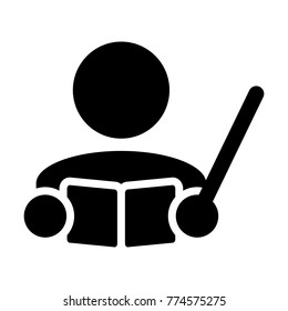 Class room icon vector male teacher person profile avatar with book symbol for school, college and university education in flat color glyph pictogram illustration