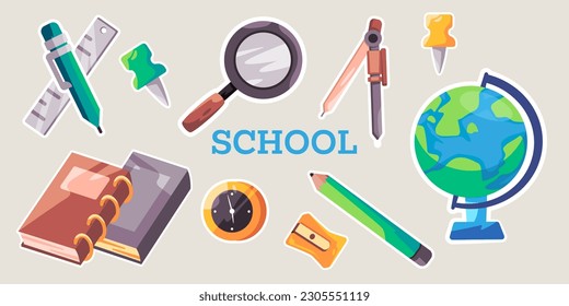 Class room indoor equipment education stationary studying school and globe sticker set illustration icon