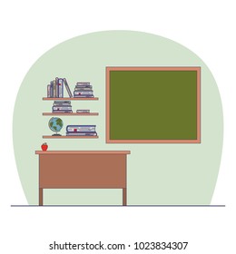 class room scene with bookcase