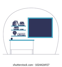 class room scene with bookcase