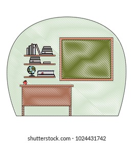 class room scene with bookcase
