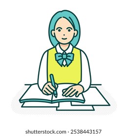 A class scene at school. A girl taking notes. Illustration of a high school girl sitting at a desk studying.