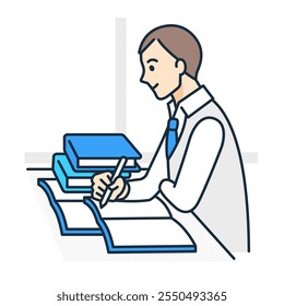 Class scene. Vector illustration of a student opening a textbook and solving a problem.