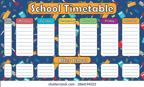 Class schedule, school schedule. Pattern on a school theme in the background. Office supplies. School supplies on a blue background.Timetable.