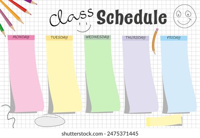 Plantilla de horario de clase con nombre de días y color crayón sonrisa y lápiz escolar con goma