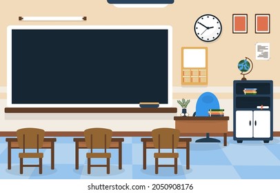 Class School Nobody Classroom Blackboard Table Chair Education Illustration