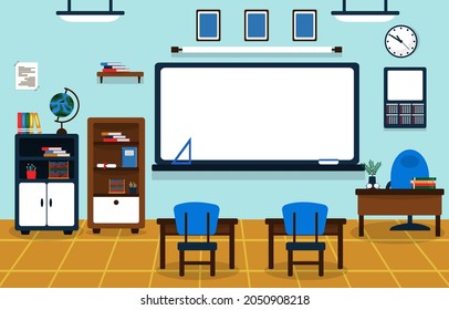 Class School Nobody Classroom Whiteboard Table Chair Education Illustration