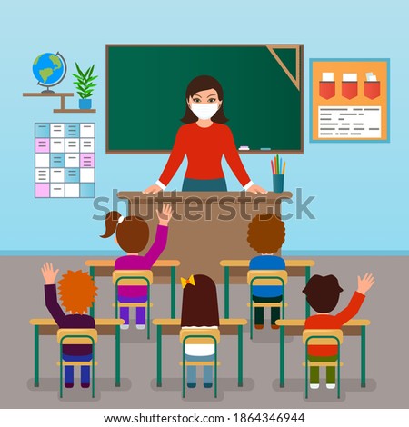 class at school in quarantine due to covid 19. teacher in medical mask teaches children. vector illustration