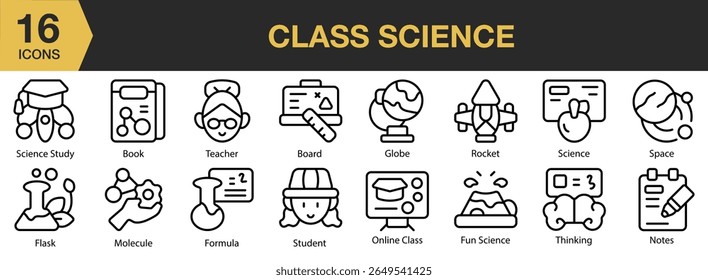 Class Science icon set. Includes classroom, teacher, university, knowledge, training, and More. Outline icons vector collection.