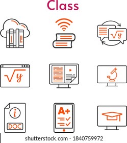 class set. included cloud, ereader, ebook, homework, maths, book, doc, student-desktop, microscope icons. bicolor styles.